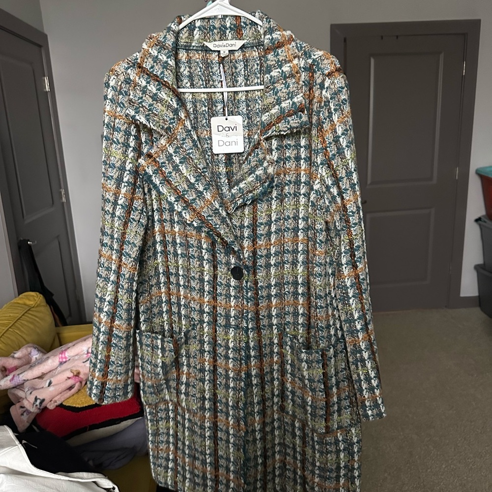 DAVI & DANI Women's Plaid Trench Coat - Blue, Orange, White
